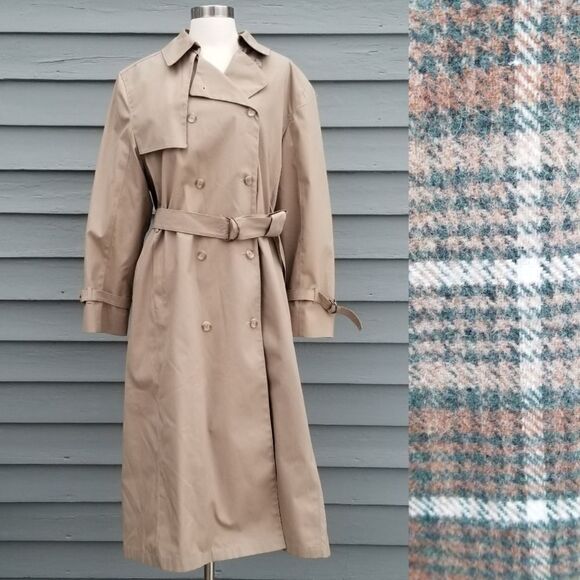 Vintage 80s London Fog Double Breasted Belted British Khaki Plaid Trench Coat 14